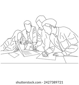 Business meeting discussion between workers in the office hand drawn vector illustration line art design.
