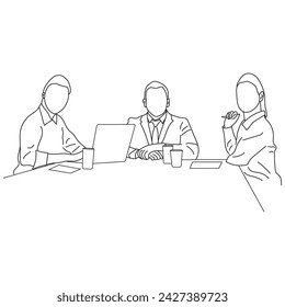 Discusión de la reunión de negocios entre los trabajadores en la oficina dibujado a mano ilustración vectorial diseño de arte de línea.
