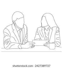 Business meeting discussion between workers in the office hand drawn vector illustration line art design.
