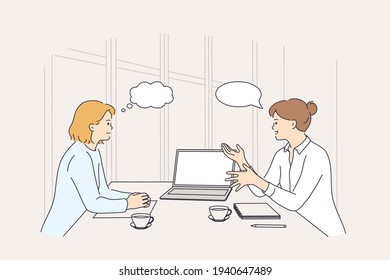 Business meeting, discussion, brainstorm concept. Two smiling businesswomen colleagues partners cartoon characters having meeting using laptop in office discussing strategy vector illustration 