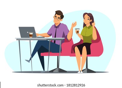 Business Meeting Discussion. Two Happy People Working At Office Vector Illustration. Corporate Communication, Coworking. Man And Woman Sitting At Desk With Laptop And Coffee, Negotiating, Studying.