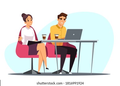 Business Meeting Discussion. Two Happy People Working At Office Vector Illustration. Corporate Communication, Coworking. Man And Woman Sitting At Desk With Laptop And Coffee, Negotiating, Studying.