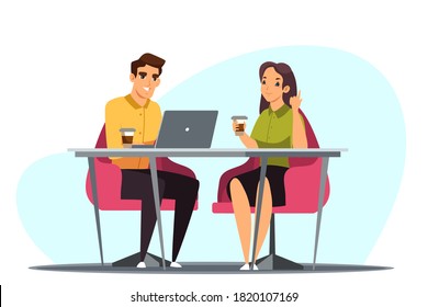 Business meeting discussion. Two happy people working at office vector illustration. Corporate communication, coworking. Man and woman sitting at desk with laptop and coffee, negotiating, studying.