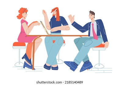 Business meeting and discussion of working issues flat cartoon vector illustration of business people at table. Brainstorming and office work, vector isolated on white.