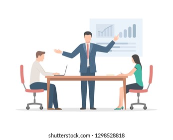 Business meeting and Finance Analytics. Managers and consultant work in a team on the project. Concept of economic strategy and income analysis. Vector illustration isolated on white background