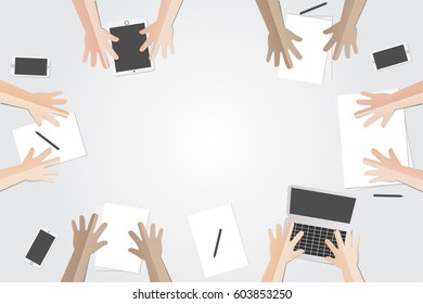 Business meeting flat concept with top view of different businessmen hands with gadgets and office documents and blank paper on white vector illustration