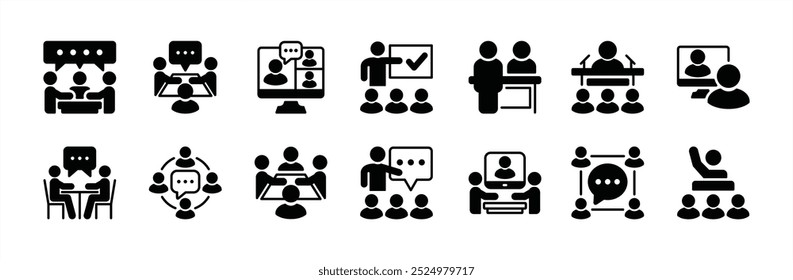 Conjunto de vetores de ícone plano de reunião de negócios. Contendo trabalho em equipe, local de trabalho, discussão, conferência, seminário, ensino, sala de aula, entrevista, fórum, apresentação, vídeo on-line, discurso, conversa em grupo