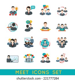 Business meeting flat icons set of partnership planning conference elements isolated vector illustration.