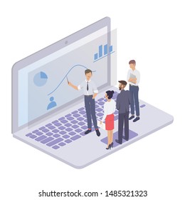 Business meeting flat isometric vector illustration. People in the office discuss the schedule. Concept for negotiation, brainstorming, talking to each other, demonstration, lecture to present, report