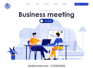 Business meeting flat landing page design. Employees discussing project at workspace in office scene with header. Business meeting with client, conversation between colleagues. Work process situation.