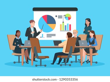 Business Meeting. Flat People On Presentation Conference. Businessman At Project Strategy Infographic. Team Seminar Vector Concept