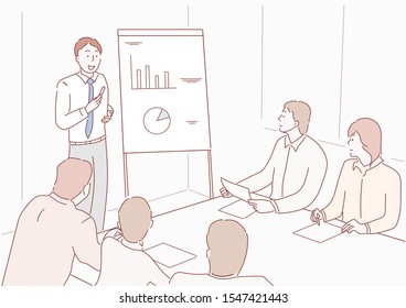 Business meeting. Flat people on presentation conference.Hand drawn style vector design illustrations.