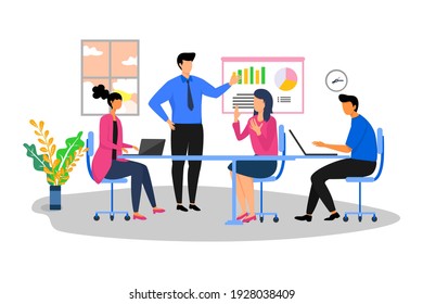 Business Meeting, Flat People On Presentation Conference Ilustration, Team Seminar Vector Concept.