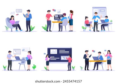 Business meeting. Flat people on presentation conference. Businessman at project strategy infographic. Team seminar vector concept	