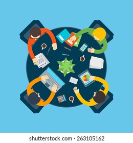Business meeting, flat style table top view vector illustration