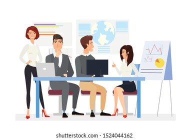 Business meeting flat vector illustration. Top managers discussing business plan, project presentation. Coworkers make financial report with laptops. Businessmen convincing investors cartoon character