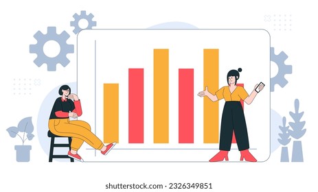 Business meeting in flat vector illustration style design related to market research, company report, teamwork and discussion in white background with geometric elements.