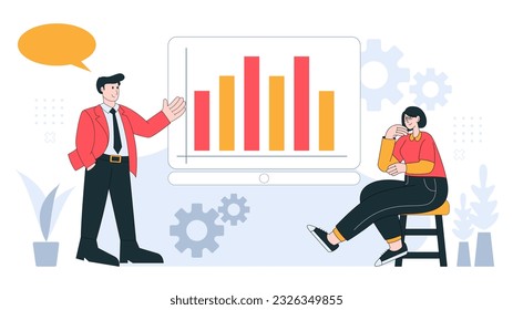Business meeting in flat vector illustration style design related to market research, company report, teamwork and discussion in white background with geometric elements.