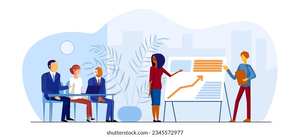 Business meeting flat vector illustration. Office workers presents a report on the work. Teamwork concept. Faceless cartoon characters in the conference room