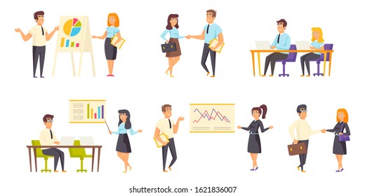 Business meeting flat vector illustrations set. Project discussion, negotiations, conference scenes bundle. Businessmen and businesswomen, office workers, managers cartoon characters collection