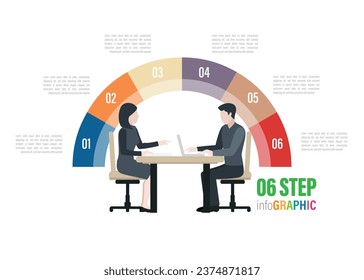 business meeting flat web infographic with 10 to 3 step pie chart. Staff table report analytics working tablet laptop empty background. Brainstorm report planning. Creative people collection.