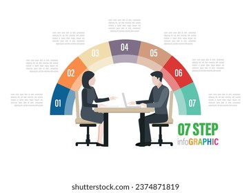 infografía web plana de reunión de negocios con gráfico circular de 10 a 3 pasos. Analítica de informe de tabla de personal tableta de trabajo portátil de fondo vacío. Planificación de informes de lluvia de ideas. Colección de personas creativas.