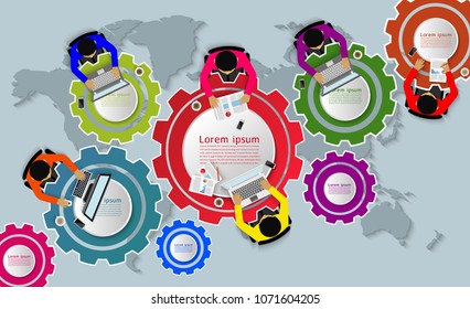 Business meeting in the form of gears and map. Businessmen help to brainstorm modern idea. consulting, teamwork, project management, financial report and strategy. to achieve and success. Infographic