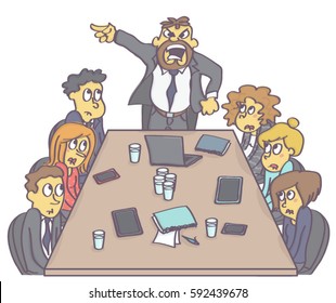 Business meeting with frightened employees and aggressive manager or boss.