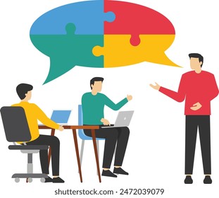 Reunión de negocios para obtener respuesta o solución con el Vector de burbujas de voz. Trabajo en equipo, concepto de lluvia de ideas.

