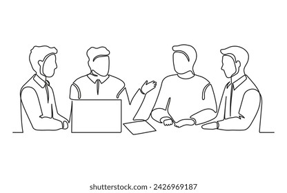 Business meeting of group office people, work on laptop, continuous one line drawing. Teamwork, learning or business talking, partnership in work. Simple single minimalism outline style. Vector