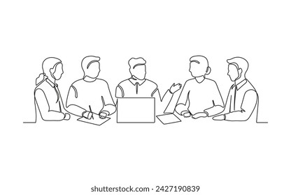 Business meeting of group office people, work on laptop, continuous one line drawing. Teamwork, learning, business talking, partnership in work. Simple single minimalism outline style. Vector outline