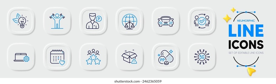 Business meeting, Healthcare calendar and 5g technology line icons for web app. Pack of Notebook service, Valet servant, Magistrates court pictogram icons. Delivery warning, Car. Vector