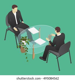 Business meeting. Hiring and recruiting interview. A conversation between employer and candidate. Isometric vector illustration