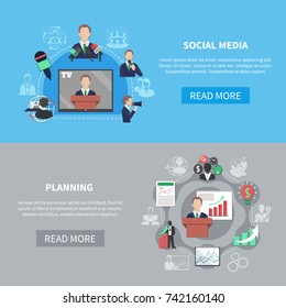 Business meeting horizontal banners collection with editable text flat business-related pictograms symbols and read more button vector illustration