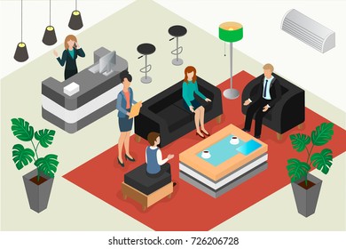 Business meeting in the hotel lobby or bank, isometric vector