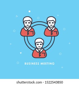 
Business meeting icon. Group of five people sitting around a table brainstorming and working together on new creative projects