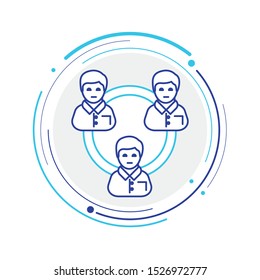
Business meeting icon. Group of five people sitting around a table brainstorming and working together on new creative projects.