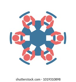 Business meeting icon. Group of six people sitting around a table brainstorming and working together on new creative projects.