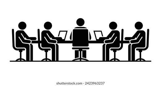 Business meeting icon. People sitting at table with laptops in office. Vector illustration