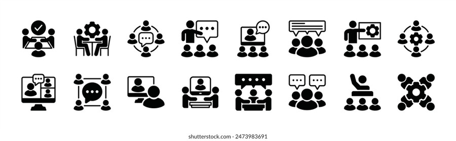 Business meeting icon set. Containing training, workshop, education, communication, discussion, coaching, online video, presentation, learning, conference, teaching, classroom. Vector illustration