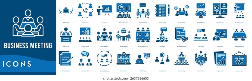 Business Meeting icon set. Meeting Room, Conference Call, Presentation, Business Conference, Group Discussion, Business Agenda and Roundtable Talk