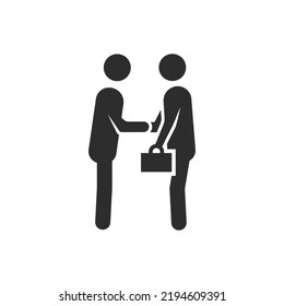 Business meeting icon. Two people meet and shake hands. Monochrome black and white symbol