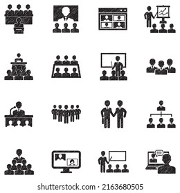 Business Meeting Icons. Black Scribble Design. Vector Illustration.