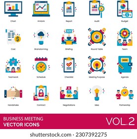 Business Meeting Icons including Agenda, Analysis, Argument, Attendee Female, Attendee List, Attendee Male, Audit, Brainstorming, Briefcase, Briefing, Budget, Business Meeting, Business People, Chart