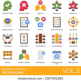 Business Meeting Icons including Agenda, Analysis, Argument, Attendee Female, Attendee List, Attendee Male, Audit, Brainstorming, Briefcase, Briefing, Budget, Business Meeting, Business People, Chart