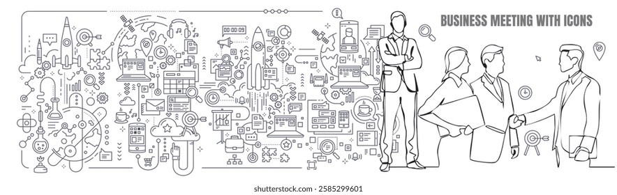 Business meeting with icons, Vector set of linear icons related to business process, team work and human resource management.