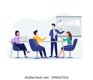 Business meeting illustration. People on presentation conference, Businessman at project strategy. Business people working together, Presentation and discussion of the project. Vector in a flat style