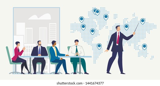 Business Meeting, International Project Presentation, Planning Strategy Flat Vector Concept. Businessman Conducting Negotiation with Employees, Partners in Office, Pointing on World Map Illustration