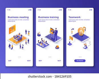 Business meeting isometric GUI design kit. Business training and workshop, teamwork cooperation templates for mobile app. UI UX onboarding screens. Vector illustration with tiny people characters.