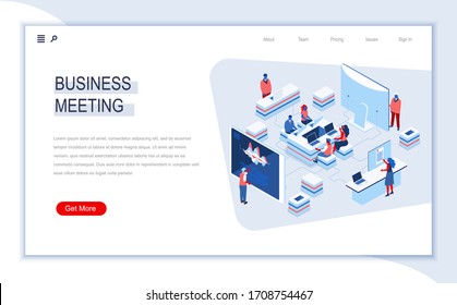 Business meeting isometric landing page. Video conference, creative teamwork collaboration, online conversation. Digital technology and devices. Busy people in work situation 3d vector isometry.